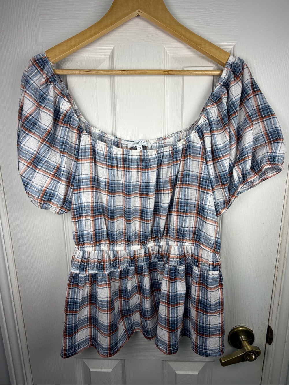 MyStyle Plaid Peplum Top 1X Blue Rust Puff Sleeve Smocked Waist Cottagecore Boho